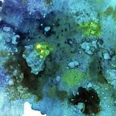 Watercolor background space abstraction, green drips of paint, blots and stains
