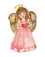 Watercolor character cute angel girl with heart.