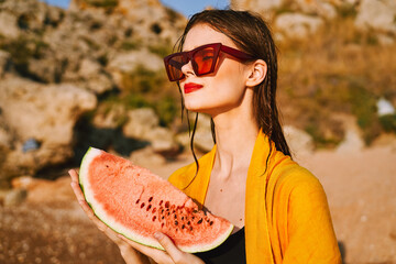 pretty woman with watermelon outdoors summer vacation