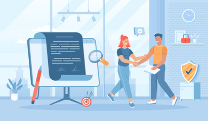 Online electronic agreement and digital signature. Business people signed an electronic contract. Flat cartoon vector illustration with people characters for banner, website design or landing web page
