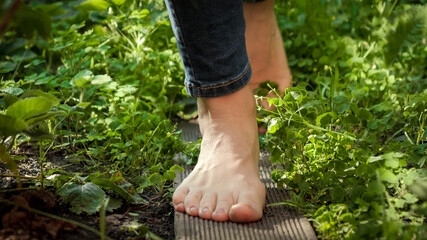 Closeup of barefoot woman walking on grass and wooden plank board in garden. Concept of freedom....