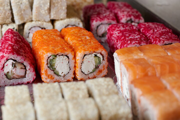 sushi set on the table, macro, close-up, various sushi and rolls, food, asian cuisine