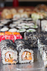 sushi set on the table, macro, close-up, various sushi and rolls, food, asian cuisine