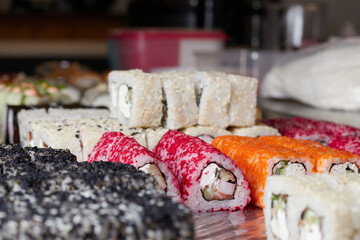 sushi set on the table, macro, close-up, various sushi and rolls, food, asian cuisine