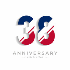 38 Year Anniversary Celebration with White Slash in Red and Blue American Flag Color. Happy Anniversary Greeting Celebrates Event Isolated on White Background