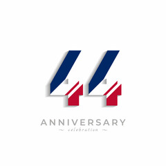 44 Anniversary Celebration with White Slash in Red and Blue American Flag Color. Happy Anniversary Greeting Celebrates Event Isolated on White Background