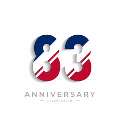 83 Year Anniversary Celebration with White Slash in Red and Blue American Flag Color. Happy Anniversary Greeting Celebrates Event Isolated on White Background