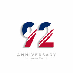 92 Year Anniversary Celebration with White Slash in Red and Blue American Flag Color. Happy Anniversary Greeting Celebrates Event Isolated on White Background