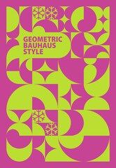 Merry Christmas poster pattern. Bauhaus-style geometric shapes. Color trends 2022 Acid Lime and Festival Fuchsia. Background design for card, banner, flyer, wallpaper, wall. Vector illustration.