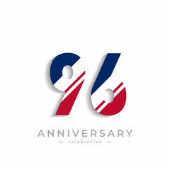 96 Year Anniversary Celebration with White Slash in Red and Blue American Flag Color. Happy Anniversary Greeting Celebrates Event Isolated on White Background