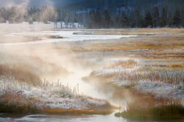 Colorful autumn grasses and light dusting of snow along Madison River, Yellowstone National Park, Wyoming