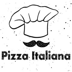 Vector logo for italian restaurant. Chef's hat with moustache under it and words Pizza Italiana. Template for menu headlines, banners, ads, logo