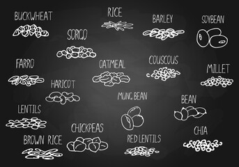 Vector hand drawn set of cereals, beans with their names. Chalkboard illustration for store decoration, grocery shop concept. Illustration can be used for sold by weight food
