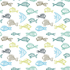 Colorful vector pattern with hnd drawn fishes. Creative ornament for covers, backgrounds, textile and interior decoration