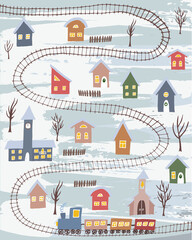 Cute winter village with colorful houses and rail road with train. Hand drawn winter countryside for cards, posters and other designs