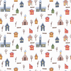 Seamless vector pattern with colorful houses and rail road with train. Hand drawn winter countryside for backgrounds, wrapping paper and other designs