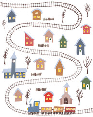 Cute winter village with colorful houses and rail road with rtain upom white background. Hand drawn winter countryside for cards, posters and other designs