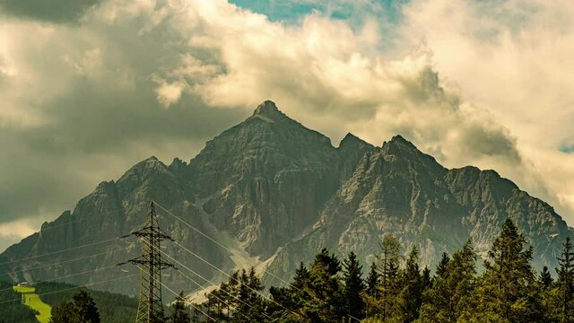 Time Lapse of a storm approaching the peaks and mountain ranges of the Alps on the border between Italy and Austria. Brenner Pass, Italy, Europe