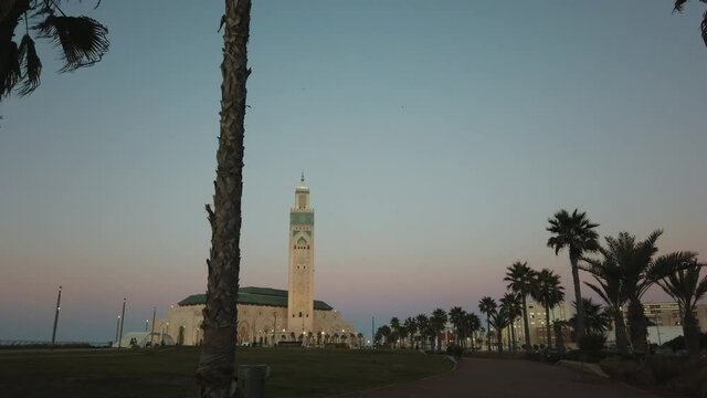 Scenic view of the famous Hassan II Mosque with palm trees at sunset - Casablanca, Morocco