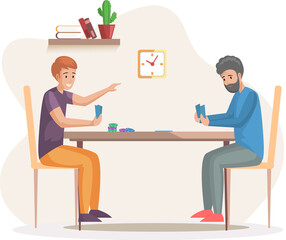 Happy family father and son or friends sitting at table and playing strategy logical board card game, spending time together at home. Family fun activity. Indoor entertainment for adults and children