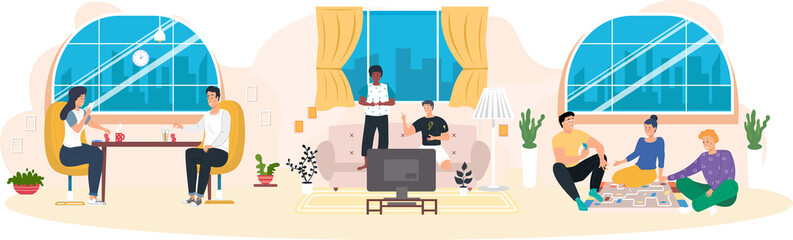 Friends having rest at home. Fun game. People spend time in different ways board games on table. Characters have spending great time together. Fantastic turn-based board game on table. Playing games