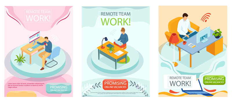 Remote team work, online meeting workspace. Video call chat conference, freelan er works from home. Man communicating at distance with laptop. Promising online vacancies business banner design set