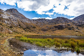 Daytime landscape on the mountain lake with beautiful Andean nature.