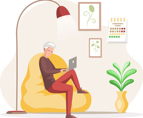 Man, working person sitting in room and correspondence surfing Internet. Male character communicating through network on laptop. Freelance, work from home and home office concept. Working people