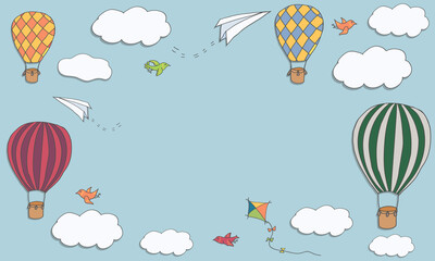 Rechthoekige banner met heteluchtballonnen, vliegtuigen en wolken. Helder vectorframe met plaats voor tekst. Cartoonsjabloon kan worden gebruikt voor advertenties, uitnodigingen, vouchers