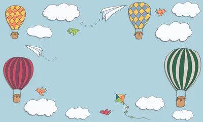 Foto op Plexiglas Luchtballon Rechthoekige banner met heteluchtballonnen, vliegtuigen en wolken. Helder vectorframe met plaats voor tekst. Cartoonsjabloon kan worden gebruikt voor advertenties, uitnodigingen, vouchers