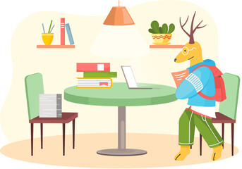 Working animals cute cartoon character works at home with laptop, performs work and tasks. Animal freelancer working on tablet and computer at home or coworking space. Home education concept