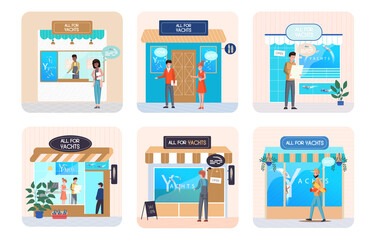 Buying motorboat, boat selling, all for yachts shop. Transport advertising company e-commerce concept. Getting spare parts for personal sea ships. Seller and buyer in yacht salon, water transport