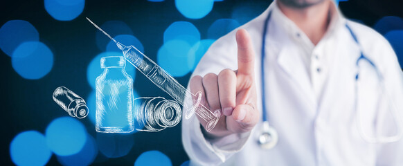 the doctor presses the drawn ampoules and syringe on the screen