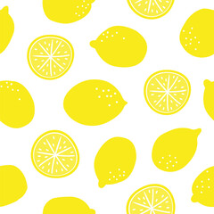 Seamless vector pattern with yellow lemons isolated on a white background. Juicy lemon slices.