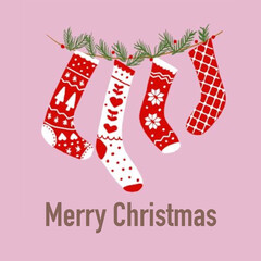 Christmas Socks background. Various Christmas socks hanging on a rope. Christmas card. Cartoon vector hand drawn.Christmas greeting card