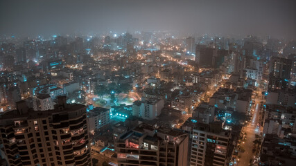 Panoramic aerial night view over Ovalo Bolognesi in Miraflores District from Lima, Peru