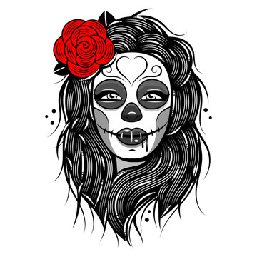 Dia de los muertos, Day of the dead, Mexican holiday, festival. Poster, banner and card with make up of sugar skull, woman with flower crown. Halloween concept