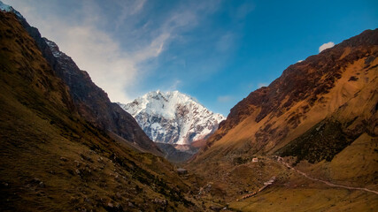 Epic view over the snowy Salkantay Mountain peak from Cusco region in Peru.