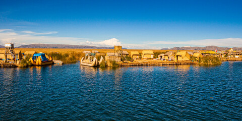 Peru Lake Titicaca, near Puno, Los Uros, the floating islands constructed of reeds. - obrazy, fototapety, plakaty