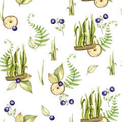 Forest fern and sliced wood with green leaves wild berries. Watercolour seamless pattern.