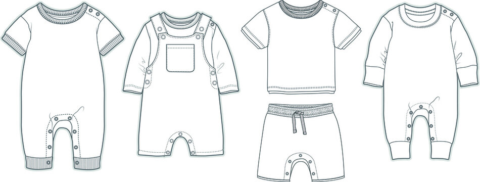 Set of Vector Baby clothes. Baby fashion flat sketch template. Technical Fashion Illustration