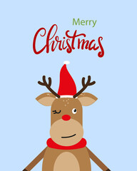 Vector cute cartoon reindeer. Greeting card Merry Christmas and happy New year. Illustration of reindeer in flat style. 