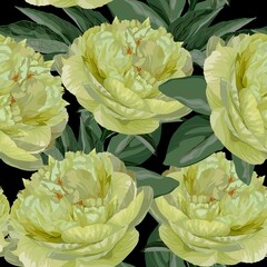 Floral Seamless Pattern with yellow lime peony flowers and leaves. Blooming Flowers on black Background.	