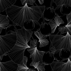 Gingko biloba seamless background pattern. Black white line leaves on black background.