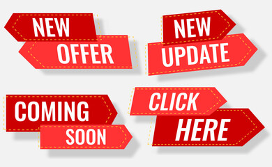 Red stickers. Paper sticker set, badges vector templates. Click here. Coming soon. New update. New offer.	
