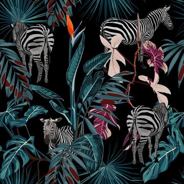 Tropical floral leaves, blue palm banana tree and exotic flowers, zebra wildlife animal floral seamless pattern on black background. Exotic safari  wallpaper.