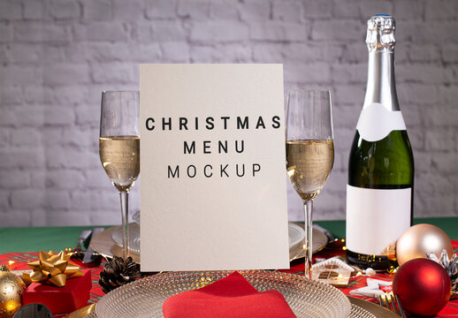 One Page Christmas Menu on Restaurant Table with Holyday Decoration