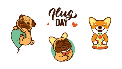 The set of cartoon dogs hugging food is good for hug day, stickers. The logo puppy