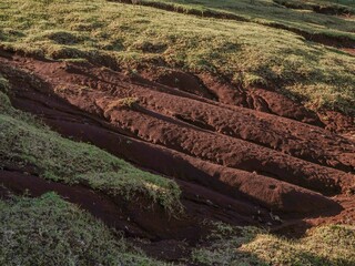 soil erosion and landslide causes trenches on a hill