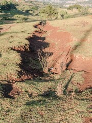 soil erosion causes a small canyon in a field